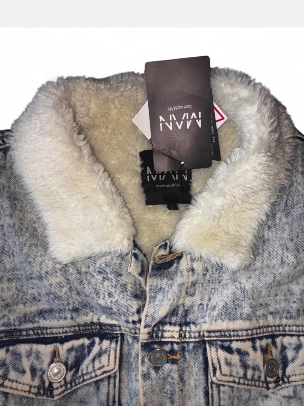 Boohoo Light Blue Acid Wash Denim Jacket with White Sherpa Collar
